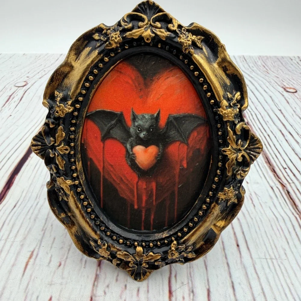 Gothic Bat Heart Art Print Distressed Gold Oval Frame Decoupage Tabletop Decor